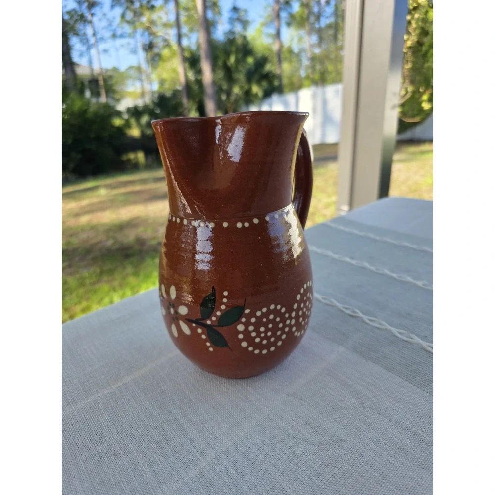 Handmade Redware Pottery Pitcher 8